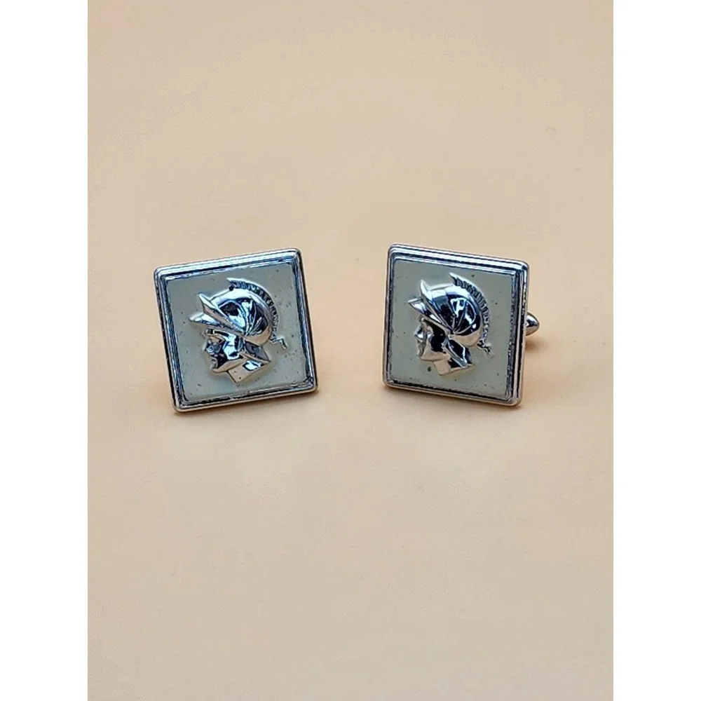 74 Yr Old Vtg SWANK USA Roman Soldier Cameo Cufflinks Silver Tone Cream Enamel